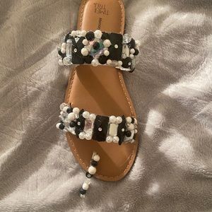 2 Strap Black, Silver And Pearl Stone Sandals